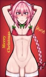 1boy :3 arms_behind_head arms_up astolfo_(fate) bikini_top blush bow braided_hair christmas fate/apocrypha fate_(series) femboy fraxzya gay looking_at_viewer male male_only midriff penis pink_hair purple_eyes smile solo solo_male thighhighs thighs twink