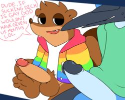 absurd_res balls bodily_fluids bottomless cartoon_network clothed clothing dialogue erection genital_fluids genitals hi_res hoodie male male_only mammal mordecai_(regular_show) multicolored_clothing penis precum procyonid raccoon rainbow_clothing regular_show rigby_(regular_show) sagemerric sweat topwear