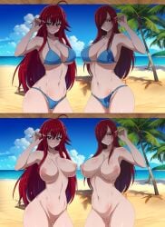 2girls beach big_breasts big_breasts big_breasts bikini blue_eyes breasts breasts breasts brown_hair erza_scarlet fairy_tail high_school_dxd large_breasts nipples nude nude_female pussy red_hair rias_gremory sea seaside smile the_amazing_gambit