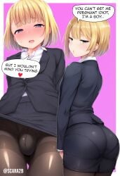 1boy ai_assisted ai_generated aroused aroused_face ass ass_focus balls_in_panties blonde_hair blushing bulge femboy feminine_body feminine_male feminine_pose from_behind inviting inviting_to_sex looking_at_viewer looking_back office_clothing office_skirt otoko_no_ko panties panties_visible panties_visible_through_clothing pantyhose pantylines plain_background round_ass scarabb self_upload shiny_clothes short_hair short_skirt simple_background sissy skirt skirt_lift stockings suit sweatdrop text text_bubble thighs tomgirl watermark