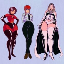 3girls big_thighs blonde_hair brown_hair business_attire chainsaw_man corset elastigirl emma_frost hands_behind_back hands_on_hips huge_thighs latex looking_at_viewer makima_(chainsaw_man) marvel masochistmaverick milf panties red_hair smile thicc_thighs thick_thighs thick_thighs_save_lives thighhighs thin_waist tie tight_clothing yellow_hair