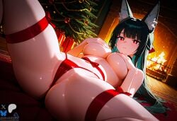 ai_generated female fox_ears groping_own_breast hoshimi_miyabi long_hair minokai naked_female red_eyes ribbons self_upload solo_female spread_legs zenless_zone_zero