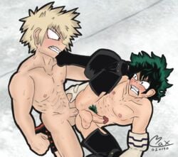 2boys anal angry blonde_hair boots cock fight freckles gay gloves green_hair hate_sex izuku_midoriya katsuki_bakugou knee_pads knee_socks male male_only max0w0 my_hero_academia precum public rivals socks teeth testicles