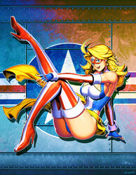 1girls big_breasts blonde_hair blue_eyes breasts charlotte_vanders female_focus female_only female_superhero genzoman kamen_america kamen_america_(character) kamen_america_(series) superhero superheroine tagme thighhighs