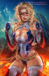 aleborgo big_breasts blonde_hair blue_eyes breasts charlotte_vanders female_superhero kamen_america kamen_america_(character) kamen_america_(series) long_hair looking_at_viewer superhero superheroine tagme thick_thighs thighs