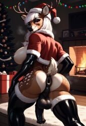 ai_generated anthro anus ass athletic balls christmas christmas_tree deer furry futanari gloves penis rear_view reindeer santa_costume tail thighhighs