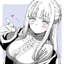 1girls big_breasts blowing_kiss blush breasts busty female female female_only fern_(sousou_no_frieren) heart highres large_breasts long_hair looking_at_viewer monochrome parted_lips seductive seductive_look solo sousou_no_frieren voluptuous