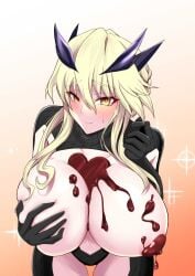 artoria_pendragon artoria_pendragon_(alter) black_sclera blonde_hair body_blush bouncing_breasts busty chocolate color fate/grand_order fate_(series) hourglass_figure huge_breasts long_hair looking_pleasured nipples no_bra paizuri pale-skinned_female round_breasts sclera unusual_cum video_games yellow_eyes