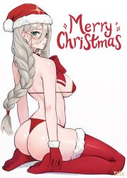 1girls aia_amare ass back back_view bare_back bare_shoulders big_ass big_ribbon bikini_top blue_eyes braid braided_hair braided_ponytail butt christmas_bikini christmas_clothing christmas_outfit exposed_shoulders glasses gloves kneeling legwear light_gray_hair looking_at_viewer looking_back merry_christmas nijisanji nijisanji_en red_bikini red_clothing red_gloves red_stockings ribbon round_ass round_butt santa_bikini santa_hat side_view sideboob solo solo_female solo_focus stockings thighhighs viewed_from_behind virtual_youtuber white_background white_hair yokuvt