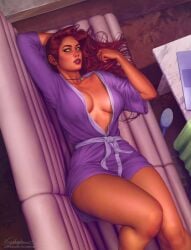 1girls canonical_scene cleavage couch dc_comics dcamu female glowing_eyes green_eyes kemono krysdecker necklace no_bra red_hair solo starfire tan_body teen_titans thick_thighs viewed_from_above