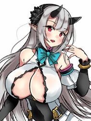 cleavage dragon_girl dress epic7 female horns huge_breasts long_hair looking_at_viewer monster_girl red_eyes smiling unknown_artist video_games white_hair yufine_(epic7)