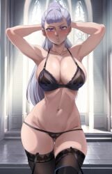 1female 1girls 1milf acier_silva big_breasts big_breasts big_breasts black_clover breasts breasts breasts elegant female female female_focus female_only grey_hair large_breasts milf purple_eyes royal royalty silver_hair stockings the_amazing_gambit underwear white_hair