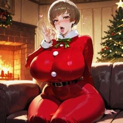 1girls absurd_res ai_generated alternate_breast_size arm_at_side atlus belt blurry blurry_background blush bowtie breasts_bigger_than_head brown_eyes brown_hair chie_satonaka christmas christmas_tree comfyui couch depth_of_field dim_lighting excited fellatio_gesture fireplace gift gigantic_breasts heart highres huge_breasts indoors looking_at_viewer massive_breasts mature_female milf narrow_waist night persona persona_4 pov santa_costume satonaka_chie short_hair sitting skindentation solo stable_diffusion thick_thighs video_games wide_hips xenomon