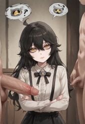 1girls 2boys ai_generated black_hair crossed_arms dark_hair grimmivt imminent_sex indie_vtuber looking_at_viewer multiple_penises penis_comparison penis_size_difference precum self_upload tagme twitch virtual_youtuber vtuber vtuberfanart yellow_eyes