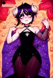 1boy 2d ai_generated beach beach_towel black_hair bulge bulge_through_clothing choker demon demon_horns femboy flat_chest goth gothic horn horns ilfb looking_at_viewer looking_up lying lying_down petite petite_body purple_eyes purple_hair short_hair trap