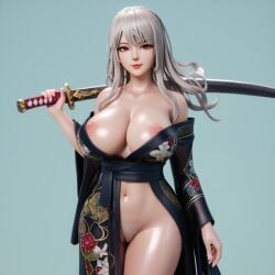 3d_(artwork) ai_generated big_ass big_breasts dodylh hairy_pussy huge_breasts katana kimono kimono_only looking_at_viewer original_character pink_nipples pink_pussy red_eyes red_lipstick shiny_skin simple_background thick_thighs visible_nipples visible_pussy voluptuous voluptuous_female white_hair