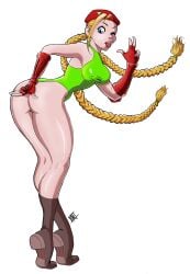 ass_up blonde_hair braided_twintails cammy_white capcom legs leotard mikebloodslaver presenting_hindquarters self_upload street_fighter tongue_out