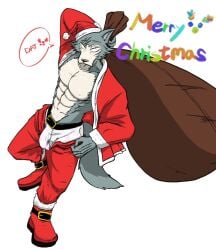 2024 abs anthro bag beastars belt biped boots bulge canid canine canis christmas christmas_clothing christmas_headwear clothing costume dat_del_luna detailed_bulge facial_scar footwear fur genital_outline grey_body grey_fur hat headgear headwear hi_res holidays legoshi_(beastars) looking_at_viewer male male_anthro mammal muscular muscular_anthro muscular_male nipples pecs penis_outline plantigrade santa_costume santa_hat scar shoes signature simple_background solo underwear white_background white_body white_fur wolf