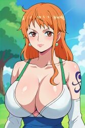 ai_generated big_breasts boobs cleavage earrings female female_only long_hair nami_(one_piece) one_piece orange_eyes orange_hair tattoo the_way_(artist)