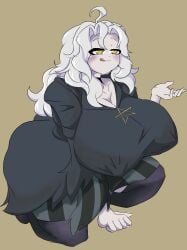 ahoge ariannys_(oc) big_breasts big_butt frizzy_hair mr_roftz on_knees pale_skin solo_female stockings white_hair yellow_eyes