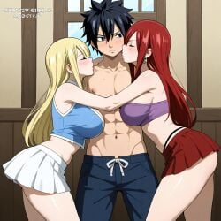 1boy 2girls ai_generated blonde_hair erza_scarlet fairy_tail female gray_fullbuster lucy_heartfilia male red_hair threesome