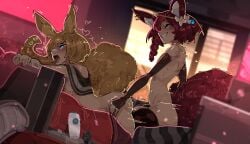 2boys anal ass blonde_hair boots femboy fox_boy fox_ears girly high_heels male penis pmc_promiscuity red_hair sex shuuko tagme whisper_(shuuko) yaoi