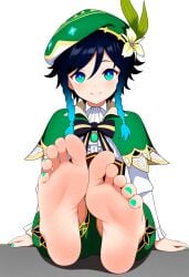 ai_generated foot_fetish foot_focus genshin_impact green_eyes green_nail_polish green_toenail_polish hat offering_feet_to_viewer pov pov_eye_contact pov_feet sitting smile su_whore_(artist) venti_(genshin_impact)