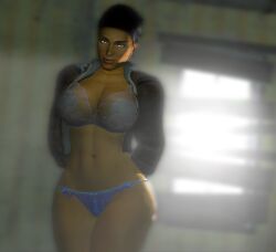 1girls 3d abs alyx_vance arms_behind_back artist_request big_breasts bra breasts dimly_lit female female_only half-life half-life_(series) half-life_2 half_naked inside jacket looking_at_viewer seductive seductive_look seductive_smile solo thick_thighs underwear wide_hips window