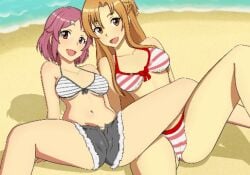 animated beach bikini breasts female lisbeth nipples nude nude_female open_mouth pussy spread_legs sword_art_online uncensored yuuki_asuna