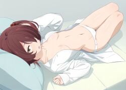 bare_belly bare_legs bare_thighs bed bed_sheet belly_button blush body_blush breasts brown_hair cleavage collarbone hair_over_one_eye knees_up long_sleeves lying make_heroine_ga_oo_sugiru! marusankaku open_shirt panties panties_only parted_lips short_hair side_ponytail small_breasts thighs topless underwear white_panties yakishio_lemon yellow_eyes