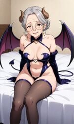 ai_generated cosplay gilf glasses gloves gray_hair hair_bun mature mature_female mature_woman medium_breasts stockings succubus_costume succubus_tail succubus_wings wide_hips wrinkles