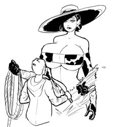 1boy 1girls alcina_dimitrescu big_breasts big_hat black_and_white black_hair black_hat breasts breasts_bigger_than_head busty capcom cleavage cow_bikini cow_print dark_hair dominatrix dress earrings ethan_winters eyelashes eyepatch_bikini eyeshadow female femdom gloves hat headwear hetero huge_breasts jewelry large_breasts large_hat lipstick looking_at_viewer makeup mature_woman milf monster_girl necklace necrolepsy pale-skinned_female pale_skin red_lips red_lipstick resident_evil resident_evil_8:_village rope short_hair sketch straight taller_female taller_girl torn_clothes vampire wide_brim_hat wide_brimmed_hat