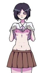 1girls black_hair blush danganronpa female_only flashing freckles mukuro_ikusaba nikkei_(artist) shirt_lift short_hair shy skirt small_breasts solo straight_hair