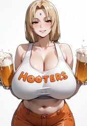 ai_generated alcohol beer blonde_hair braided_hair brown_eyes flyingpancake gigantic_breasts hooters hooters_uniform huge_breasts light-skinned_female light_skin looking_at_viewer massive_breasts mature_female milf naruto_(series) naruto_shippuden oiled_body oiled_skin shounen_jump smiling solo_female squatting sweat sweatdrop tank_top thick_body thick_female tsunade voluptuous voluptuous_female