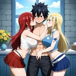 1male 2females ai_generated blonde_hair erza_scarlet fairy_tail gray_fullbuster lucy_heartfilia red_hair threesome