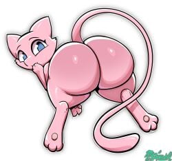 2d 2d_(artwork) anonymous_gender artist_name artist_signature blank_background bubble_butt caked_up feminine furry mew mew_(pokemon) miso_souperstar pink_body pokemon pokemon_(species)