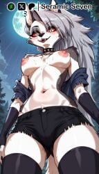 1girls 2d ai_generated anthro black_shorts exposed_breasts exposed_nipples female female_focus female_only fingerless_gloves from_below full_moon furry grey_hair half-closed_eyes hellhound helluva_boss looking_at_viewer loona_(helluva_boss) moon nipples partially_clothed rain raining red_sclera seramic_seven shorts solo solo_female solo_focus sweatdrop thighhighs wolf_ears wolf_girl