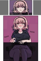 1girls big_breasts blush chubby clothed_masturbation clothing danganronpa danganronpa_2:_goodbye_despair dildo headphones large_breasts masturbation nanami_chiaki nikkei_(artist) nipple_bulge sitting_on_dildo solo stealth_masturbation straight_hair sweat vaginal_penetration video_call x-ray