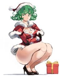 1girls breasts christmas female female_only green_eyes green_hair light-skinned_female light_skin looking_at_viewer one-punch_man rakeemspoon small_breasts solo squatting tatsumaki