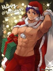 1boy abs armpits arms_up bag bell between_breasts big_areola big_breasts cape christmas christmas_clothing christmas_hat christmas_headwear christmas_outfit christmas_present clothed ebitendon frown gift gift_bag gift_box grin happy_holidays hi_res holding_object looking_at_viewer male male_breasts male_only manly mature_male merry_christmas mistletoe muscles muscular muscular_arms muscular_male navel object_between_breasts oppai original_character pecs pom_poms purple_eyes purple_hair red_clothing sack santa_costume santa_hat short_hair six_pack solo sparkles standing steam steamy_breath sweat sweatdrop thick_arms topless torakichi_(ebitendon) torakitchen v-shaped_eyebrows wristband