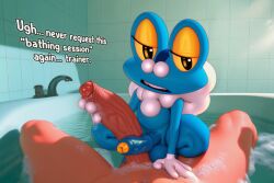 ai_generated amphibian balls bath bathing bathroom bathtub big_penis blue_body blush boopamorgz bubble dialogue duo english_text erection faceless_character faceless_male first_person_view froakie frog generation_6_pokemon genitals gloves gynomorph half-closed_eyes handwear huge_cock human human_on_feral humanoid_genitalia humanoid_penis imminent_sex interspecies keromatsu male male/male male_pov mammal narrowed_eyes nintendo nude open_mouth partially_submerged penis pokemon pokemon_(species) precum suds teeth text tile vein veiny_penis water wet yellow_sclera
