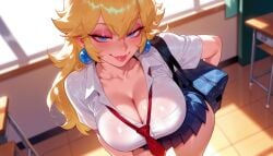 1girls ai_generated alternate_costume arm_behind_back bag balecxi bangs bent_over blonde_hair blue_eyes blue_skirt blush breasts chair classroom cleavage closed_mouth clothing collarbone collared_shirt curvaceous curvaceous_female curvaceous_figure curvy curvy_figure day desk downblouse earrings eyeshadow female female_focus female_only gyaru hair_between_eyes indoors inviting inviting_to_sex jewelry kogal large_breasts leaning_forward lips lipstick long_hair looking_at_viewer loose_necktie makeup miniskirt naughty_face necktie neckwear nintendo pink_lips pleated_skirt presenting presenting_breasts presenting_self princess_peach red_necktie red_neckwear school_bag school_chair school_desk school_uniform seductive seductive_look seductive_smile shirt short_sleeves skirt smile solo sphere_earrings sunlight super_mario_bros. sweat thick_lips thighs tile_floor tiles uniform voluptuous voluptuous_female wet wet_clothes wet_shirt white_shirt window