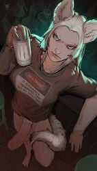 alcohol alcohol_bottle angry animal_humanoid bar_chair beverage beverage_bottle big_penis bottle bottomless breasts canid canid_humanoid canine canine_humanoid canis clothed clothing container cybernetics cyborg digital_media_(artwork) energy_drink erection fur genitals gynomorph hair huge_cock humanoid humanoid_face humanoid_genitalia humanoid_penis intersex kostictoxic looking_at_viewer machine mammal mammal_humanoid monster_energy penis prosthetic prosthetic_arm prosthetic_limb pubes shaded shirt shirt_only signature solo t-shirt t-shirt_only tail topwear topwear_only white_body white_fur wolf wolf_humanoid