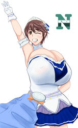 10s 1girls alternate_breast_size aokuro arm_up breasts brown_eyes brown_hair butt cleavage es_hisashi female female_focus gigantic_breasts gloves grin highres huge_breasts idolmaster idolmaster_cinderella_girls large_breasts oikawa_shizuku short_hair skirt smile solo white_background wink