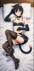 1boy 1male ai_generated blush cat_bell cat_ears cat_tail catboy choker darling_in_the_franxx gay hiro_(darling_in_the_franxx) lying_on_back lying_on_bed skirt solo_male thighhighs yaoi