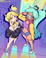 2girls adjusting_eyewear ahoge alley alleyway artist_logo artist_name ass bandage bandaid bangs belly belly_button ben-day_dots big_ass blue_eyes blush blushing_at_viewer blushing_female bow choker coat coat_on_shoulders denim_shorts dyed_hair earring earrings exposed_legs eyewear fat_ass fishnets flat_chest flat_chested grin hoop_earrings hotori_(silenttandem) huge_ass legs looking_at_viewer looking_over_eyewear looking_over_sunglasses lucy_(biffalo) navel original original_character original_characters painted_nails pink_nails ponytail purple_bow purple_nails purple_tank_top scrunchie shorts side_ponytail silenttandem smile smiling smiling_at_viewer smirk smirking smirking_at_viewer sneakers socks stylized stylized_background sunglasses sunglasses_down tan_body tan_lines tan_skin tanktop tanline tanline_peek tanlines tattoo tattoo_on_arm tattooed_arm tattoos teeth teeth_showing thighs tinted_eyewear tube_top tubetop tummy turquoise_hair unbuttoned unbuttoned_pants unbuttoned_shorts vibrant_background yellow_eyes yellow_hair