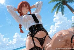 1boy ai_generated arms_behind_head bangs beach black_garter_belt black_panties blue_sky blush braid braided_ponytail breasts chainsaw_man cloud collared_shirt covered_nipples day female garter_belt garter_straps grin kermixx large_breasts long_hair looking_at_viewer makima_(chainsaw_man) navel necktie outdoors palm_tree panties patreon_username red_hair ringed_eyes see-through shirt sky smile straight sun thighhighs tree underwear wet wet_clothes wet_shirt white_shirt yellow_eyes