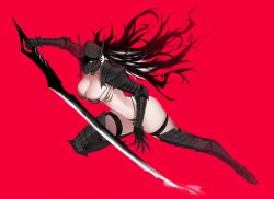 ass big_breasts black_bra black_gauntlets bra breasts cleavage female full_body helmet indie_virtual_youtuber knight large_breasts leg_armor long_hair long_sword massive_breasts noro_(n0r0) panties red_background solo sword thigh_strap thighs underwear virtual_youtuber vtuber weapon