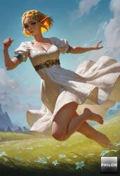 1girls ai_generated barefoot blonde_hair blue_sky braid breasts cleavage cloud collarbone crown_braid day dress field flower foot_out_of_frame green_eyes hair_ornament hairclip medium_breasts outdoors parted_bangs philon pointy_ears princess_zelda puffy_sleeves running short_hair short_sleeves sky solo stable_diffusion the_legend_of_zelda toes white_dress zelda_(breath_of_the_wild)