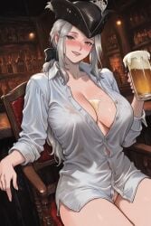 1female 1girls 2026 ai_assisted ai_generated background bar_(place) beer beer_glass big_breasts bloodborne blush blushing_female breasts cleavage crotch drunk drunk_bubble drunk_female drunk_sex female female_focus female_only fromsoftware green_eyes lady_maria_of_the_astral_clocktower large_breasts light-skinned_female light_skin long_hair messy nipples no_bra no_panties ponytail pose posing see-through shirt shirt_only sitting sitting_on_chair smile smiling tricorne uncensored video_game video_game_character video_game_franchise video_games white_hair